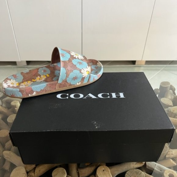 COACH Udele Sig Floral Aqua Rubber Slide Sandals - Picture 5 of 7